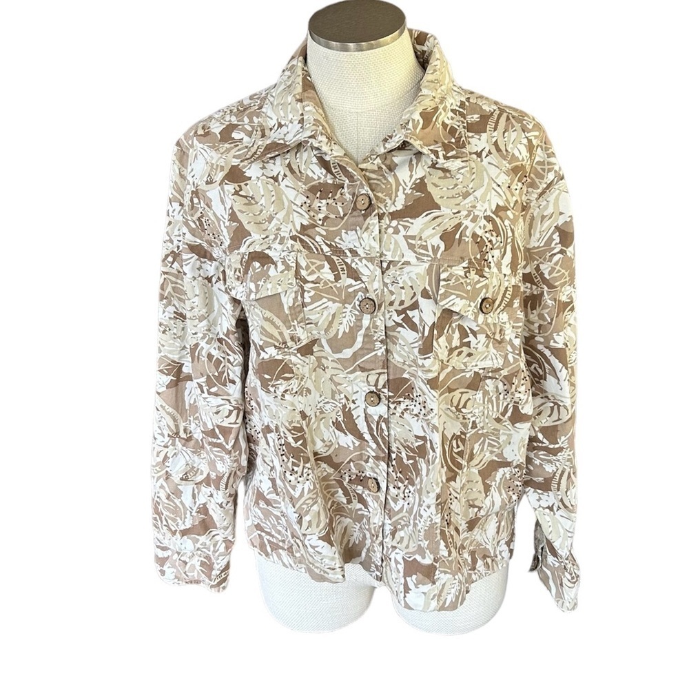 Jane Ashley Beaded Tropical Print Jacket 2X Shacket 100% Cotton Safari